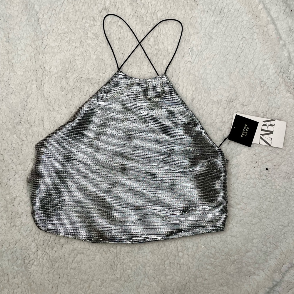 Zara Womens Silver Metallic Open Back String Crop Top size Medium